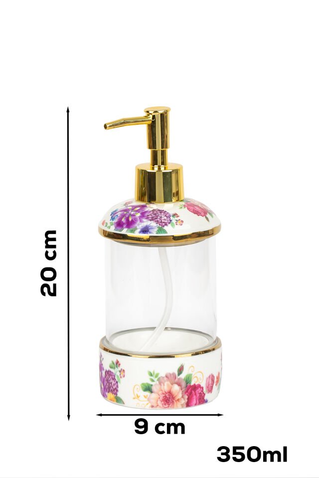 Porsima 3127 Gold Kapaklı Porselen ve Cam Sıvı Sabunluk – Çiçek Desenli ve Şeffaf Tasarım 350 ml