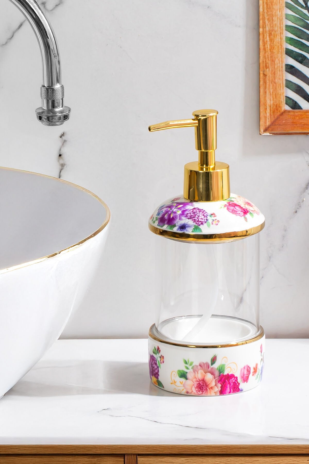 Porsima 3127 Gold Kapaklı Porselen ve Cam Sıvı Sabunluk – Çiçek Desenli ve Şeffaf Tasarım 350 ml