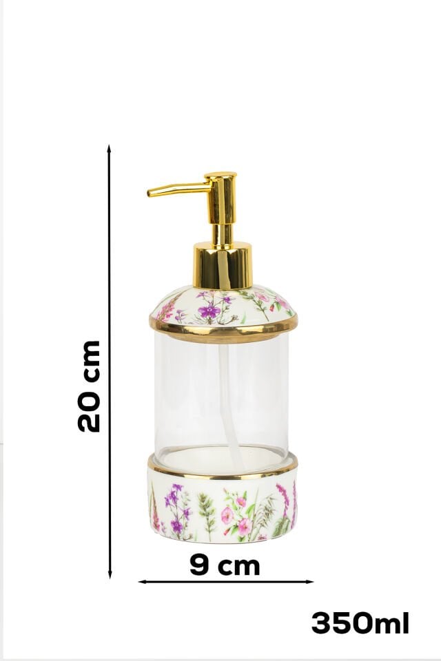 Porsima 3127-1 Gold Kapaklı Porselen ve Cam Sıvı Sabunluk – Çiçek Desenli ve Şeffaf Tasarım 350 ml