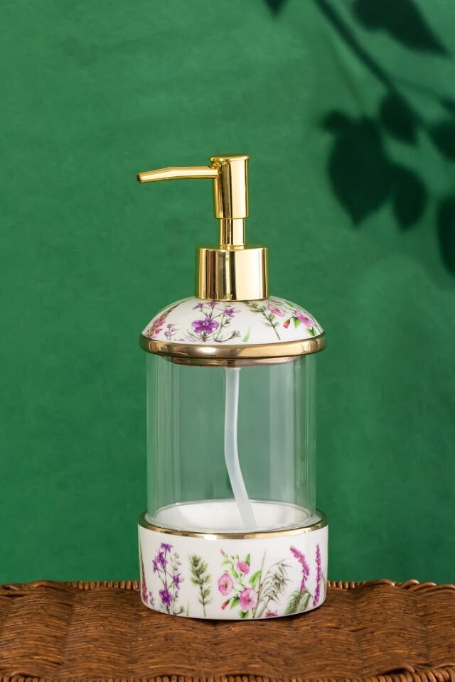 Porsima 3127-1 Gold Kapaklı Porselen ve Cam Sıvı Sabunluk – Çiçek Desenli ve Şeffaf Tasarım 350 ml
