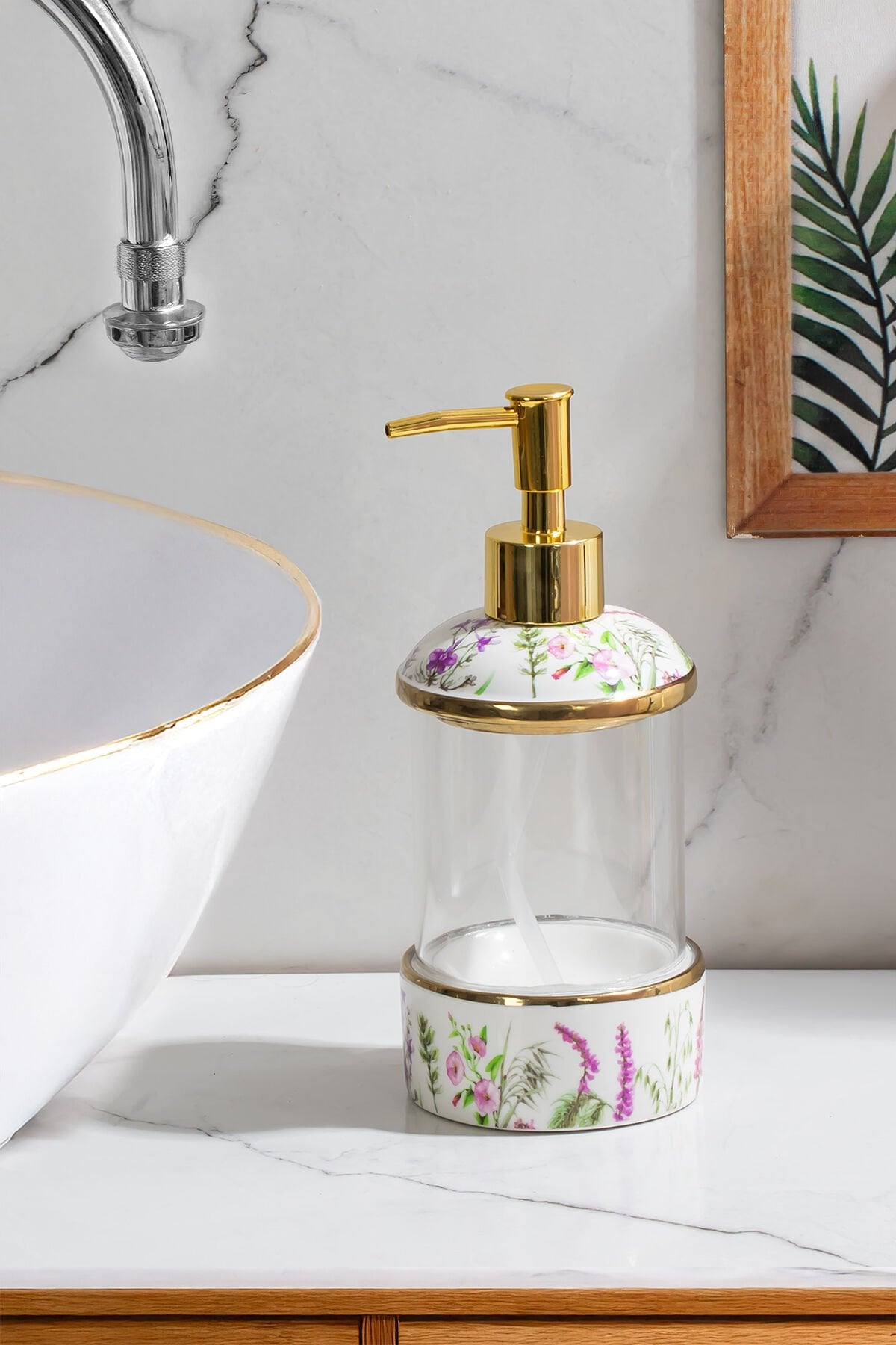 Porsima 3127-1 Gold Kapaklı Porselen ve Cam Sıvı Sabunluk – Çiçek Desenli ve Şeffaf Tasarım 350 ml