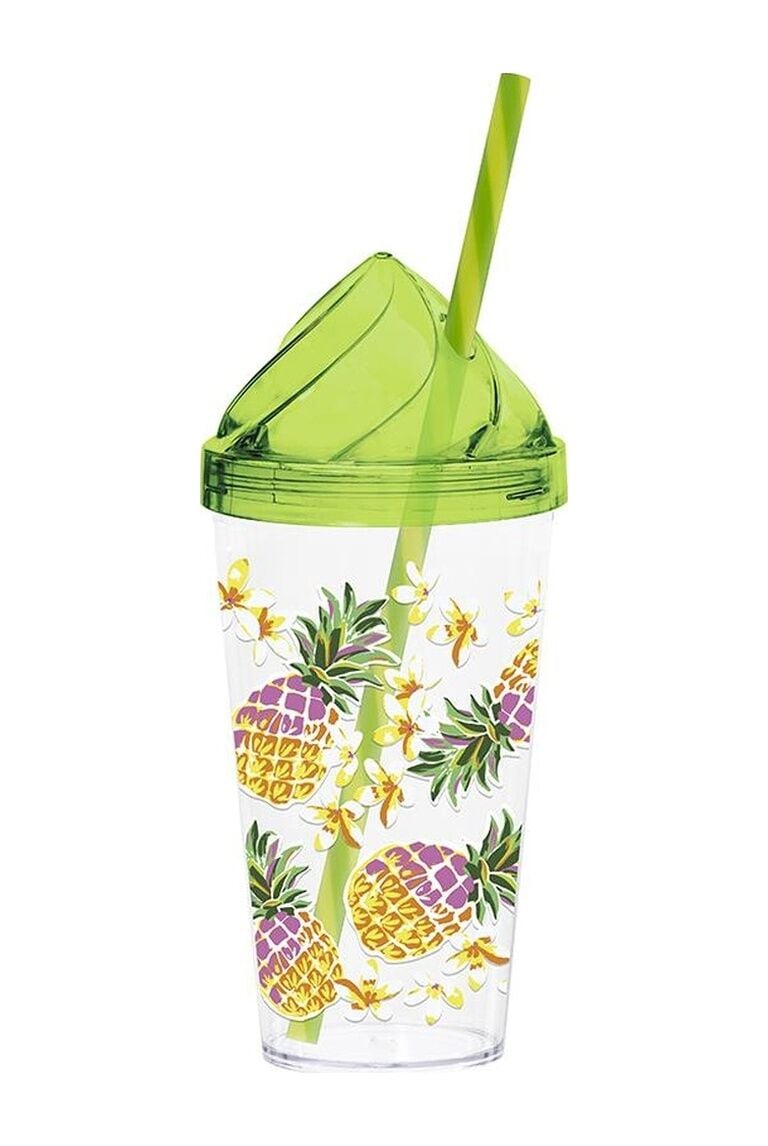 Herevin 660 cc  Kristal Kapaklı Renkli Ananas Desenli Pipetli Bardak