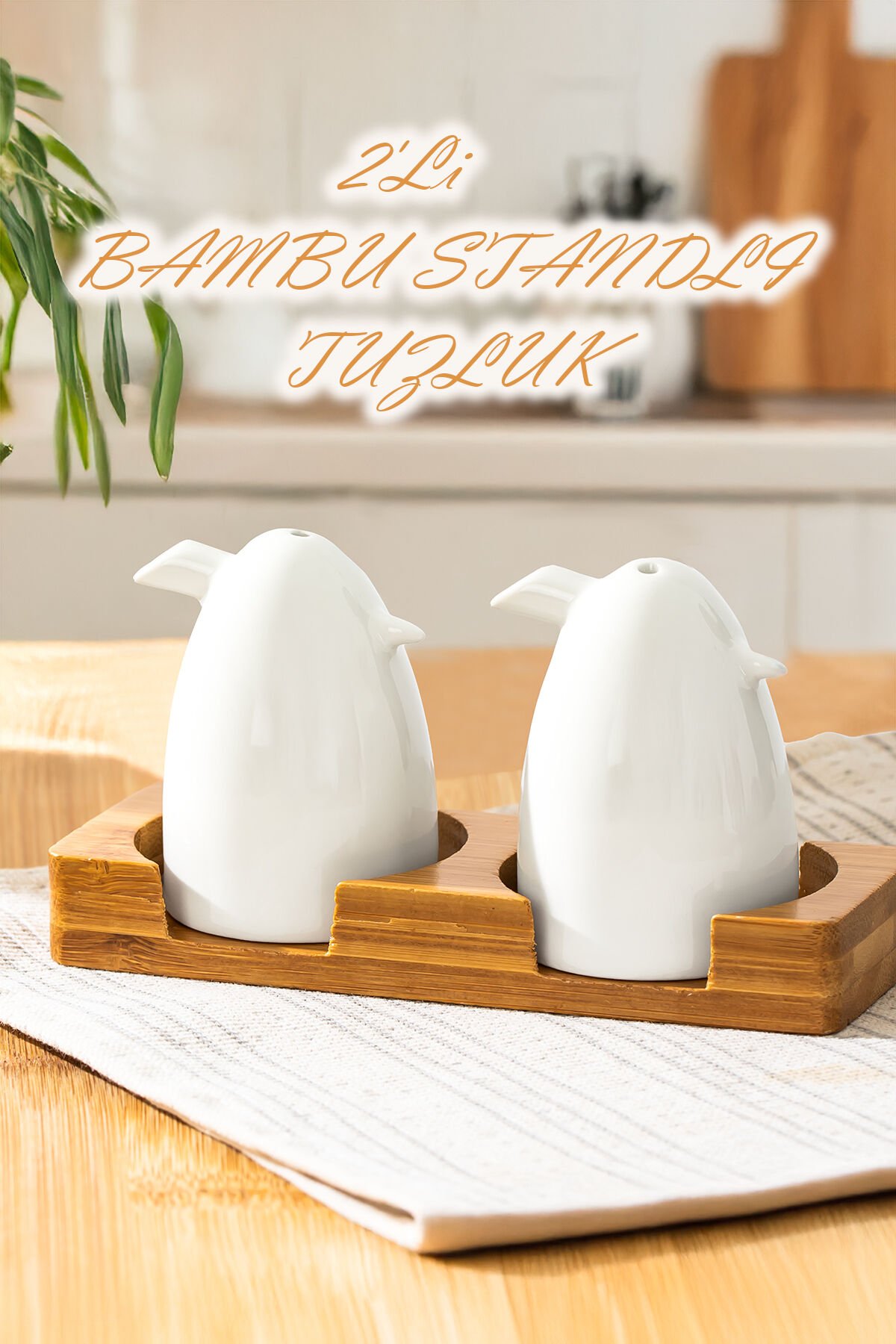 Porsima 102001 Grage 2li Bambu Standlı Porselen Tuzluk Biberlik Seti - 80ml