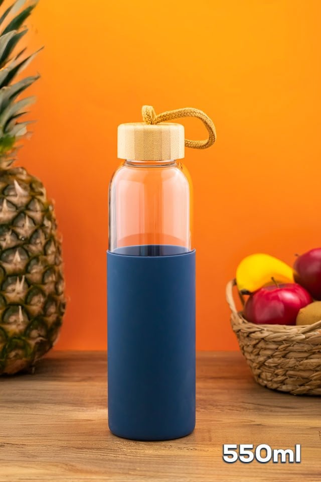 Porsima 2409-6 Matara 550 ml - Bambu Kapaklı Suluk Mavi Kılıflı Borasilikat Cam Su Şişesi