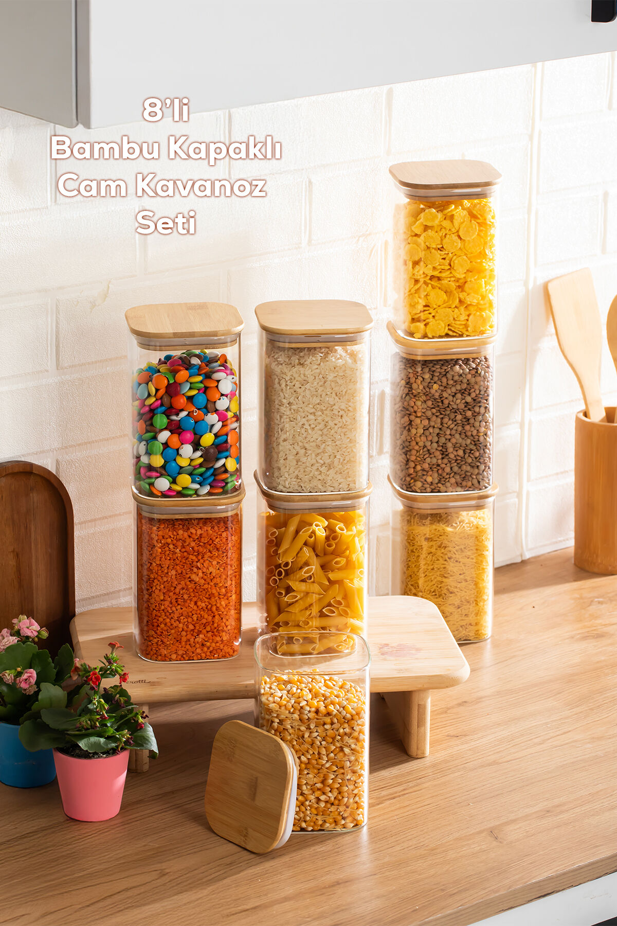 Porsima 6-4 Bambu Vakumlu Kapaklı Kare Borosilikat Cam 8li Kavanoz Seti Saklama Kabı 1250ml 9,5x15cm
