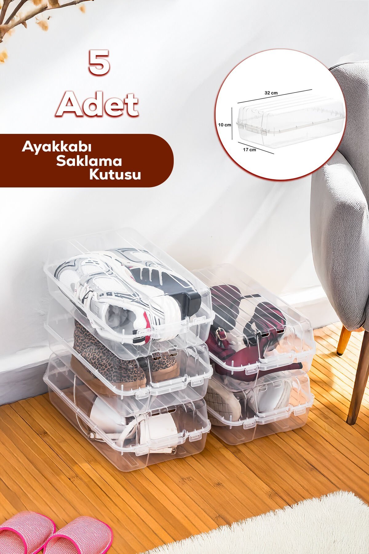 Porsima 3196 5 Adet Kadın ve Çocuk Ayakkabı Saklama Kutusu - Şeffaf Pratik Ayakkabı Kabı Düzenleyici Saklama Seti