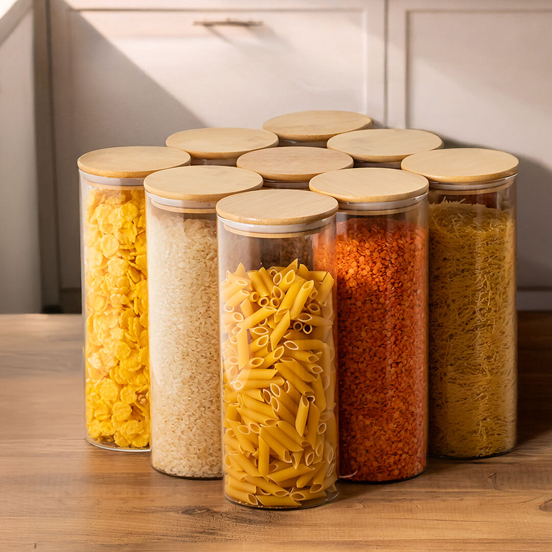 Porsima 4-3 Bambu Vakumlu Kapaklı Borosilikat Cam 9lu Saklama Kabı 2100ml 10x30cm Şeffaf