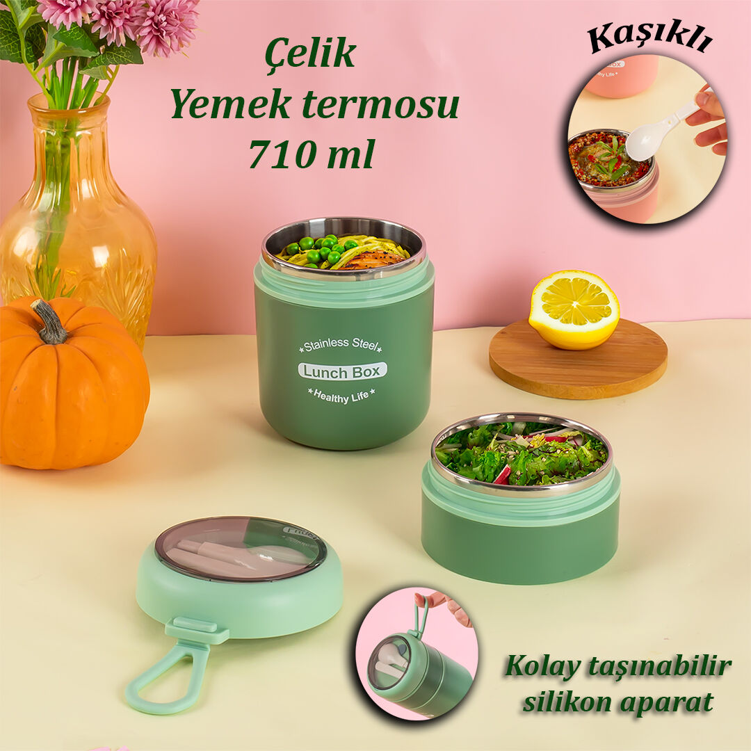 Porsima 5324 Çelik Yemek Termosu Lunch Box Taşınabilir Yemek Kabı Termos 200+650 mL