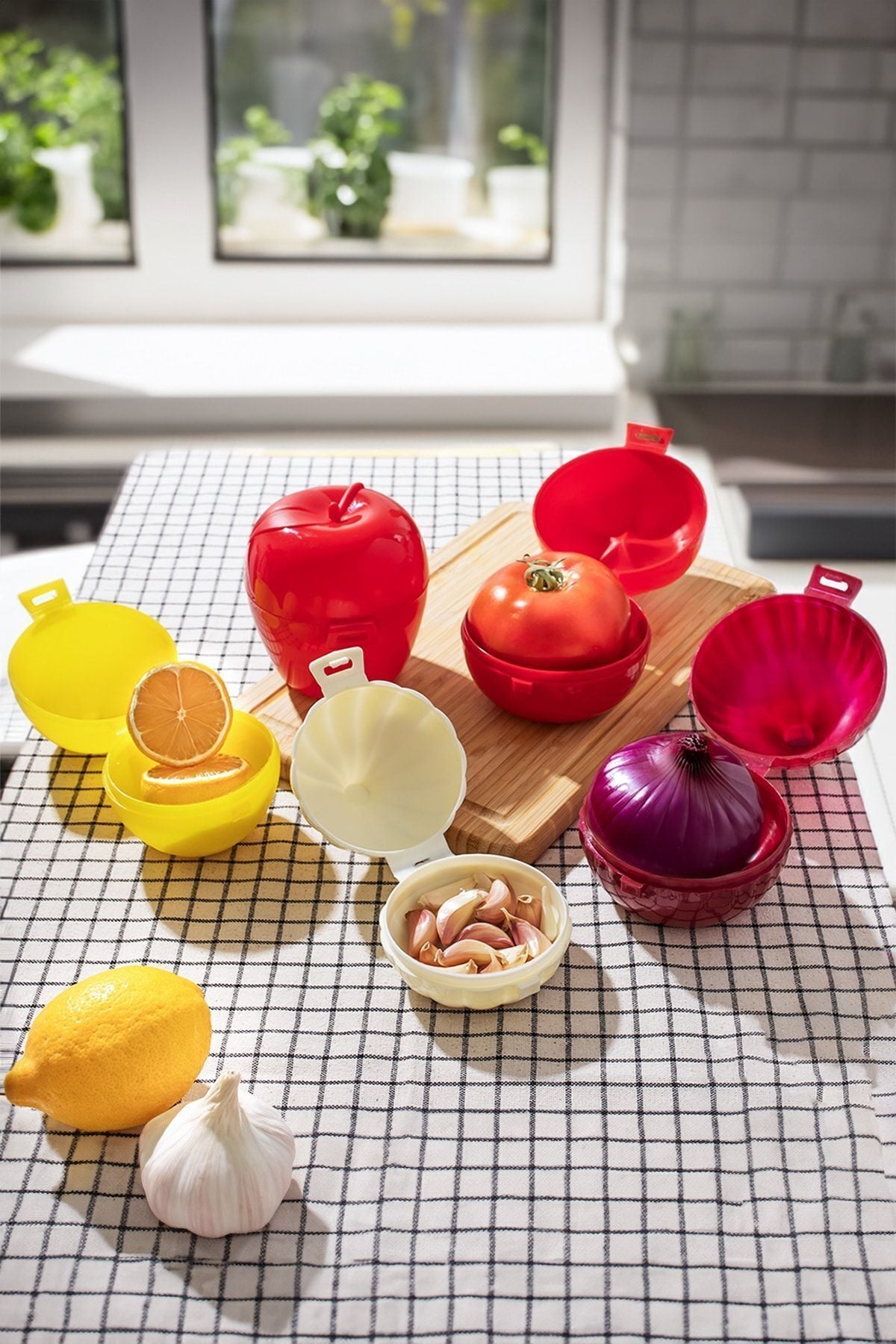 Porsima L-00393 5 li Kilit Kapaklı Domates Soğan Limon Sarımsak Elma Sebze Saklama Kabı Seti