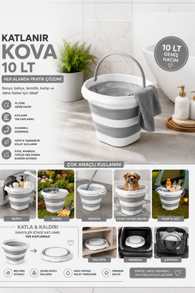Porsima 1175 Damla Katlanabilir Silikon Su Kovası 28x30cm Banyo Balkon Katlanır Temizlik Kovası 10 Lt