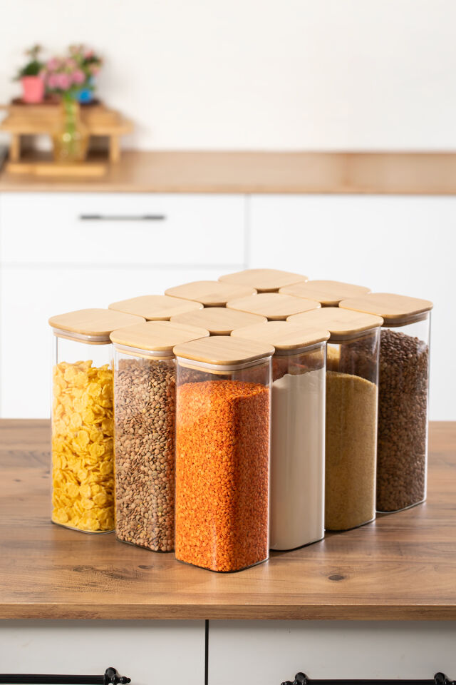 Porsima 7-4 Bambu Vakumlu Kapaklı Kare Borsilikat Cam 12li Kavanoz Seti Saklama Kabı 1900ml 9,5x27cm