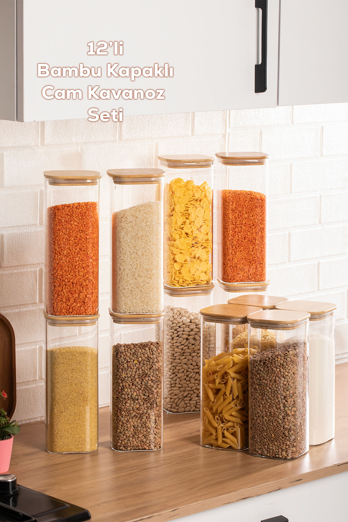 Porsima 7-4 Bambu Vakumlu Kapaklı Kare Borsilikat Cam 12li Kavanoz Seti Saklama Kabı 1900ml 9,5x27cm