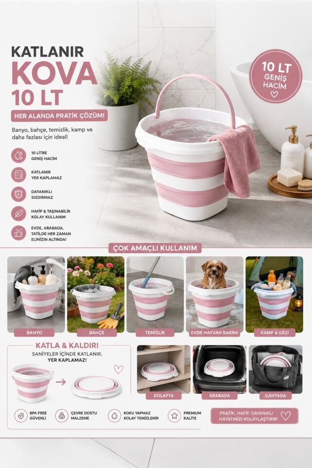 Porsima 1175-1 Damla Katlanabilir Silikon Su Kovası 28x30cm Banyo Balkon Katlanır Temizlik Kovası 10 Lt.