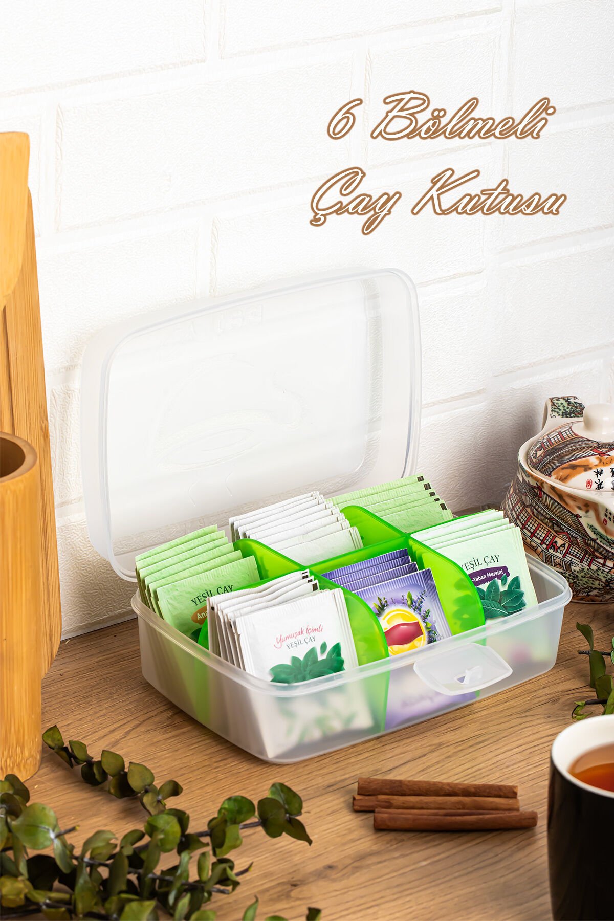 Porsima 1178 6 Bölmeli Kapaklı Çay Kutusu-Çok Amaçlı Takı Aksesuar Düzenleyici Poşet Bitki Çayı Saklama Kabı
