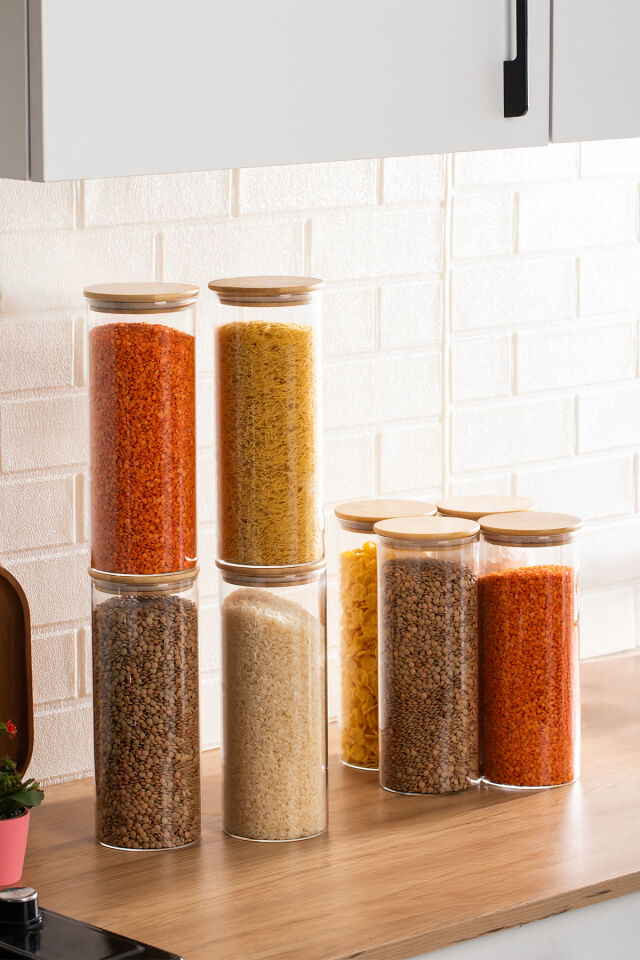 Porsima 4-4 Bambu Vakumlu Kapaklı Yuvarlak Borosilikat Cam 8li Kavanoz Seti Saklama Kabı 2100ml 10x30cm