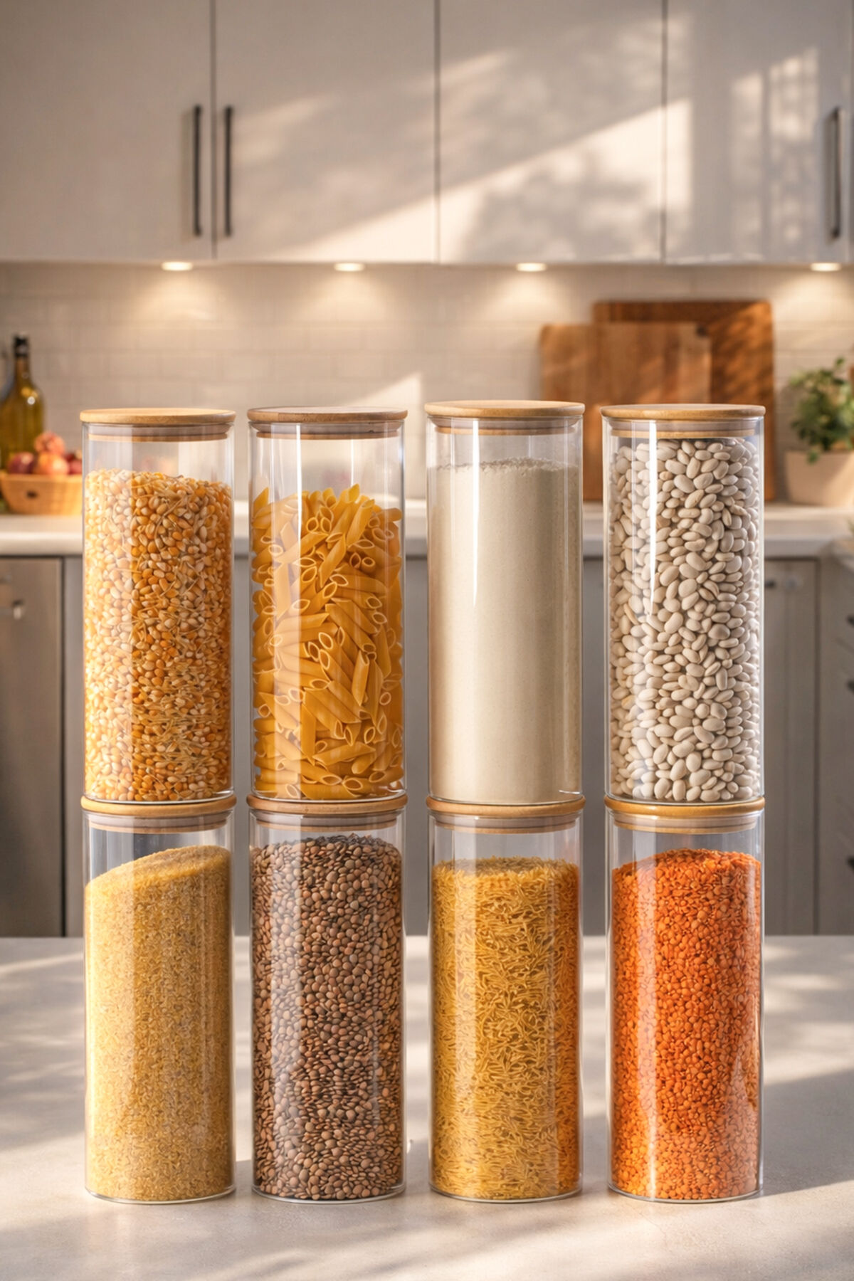 Porsima 4-4 Bambu Vakumlu Kapaklı Yuvarlak Borosilikat Cam 8li Kavanoz Seti Saklama Kabı 2100ml 10x30cm