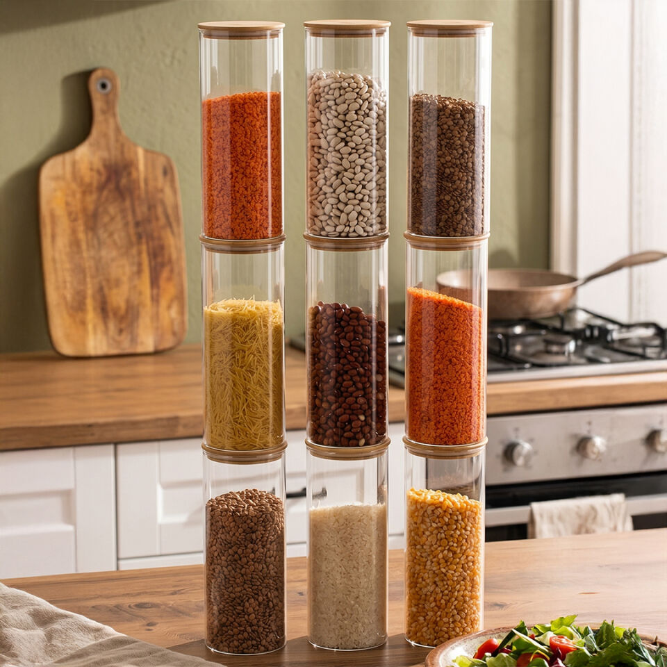 Porsima 3-3 Bambu Vakumlu Kapaklı Yuvarlak Borosilikat Cam 9lu Kavanoz Seti Saklama Kabı 1650ml 10x25cm