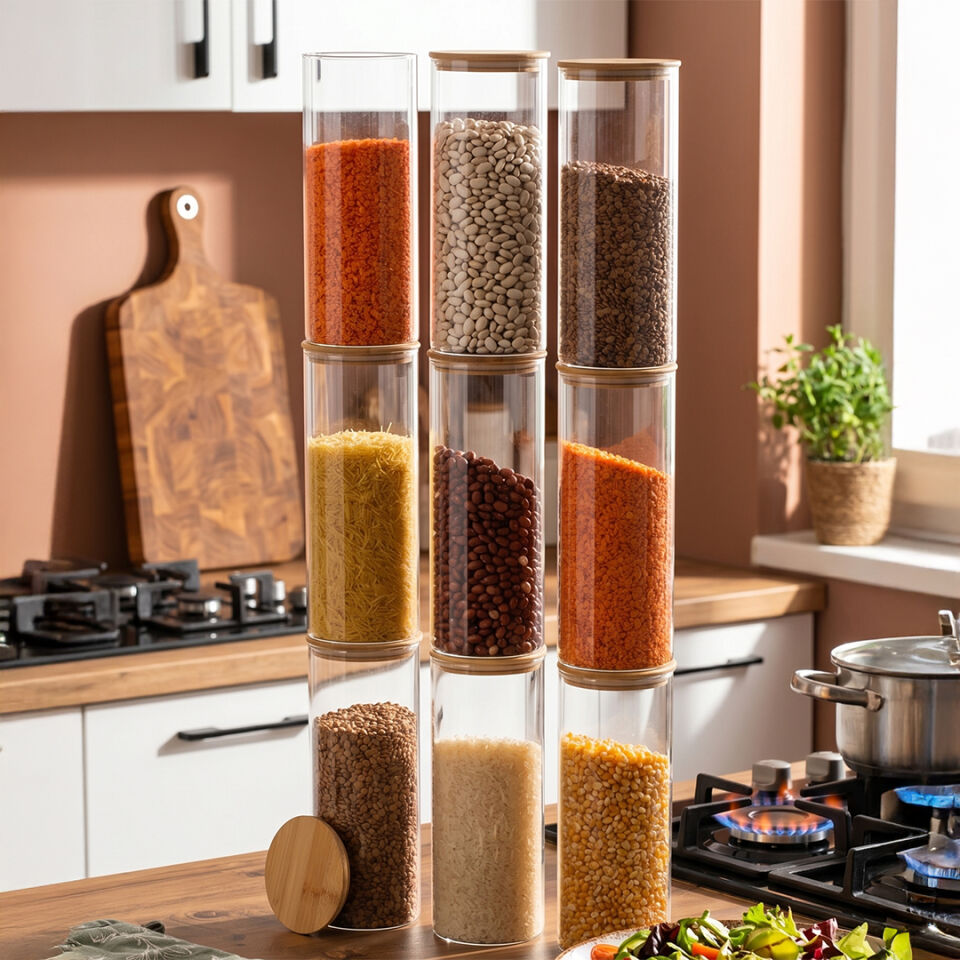 Porsima 3-3 Bambu Vakumlu Kapaklı Yuvarlak Borosilikat Cam 9lu Kavanoz Seti Saklama Kabı 1650ml 10x25cm