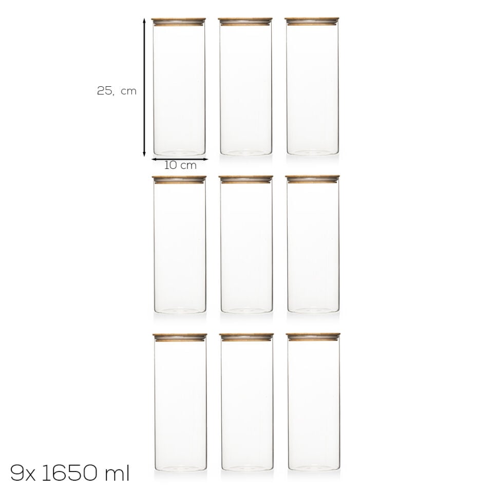 Porsima 3-3 Bambu Vakumlu Kapaklı Yuvarlak Borosilikat Cam 9lu Kavanoz Seti Saklama Kabı 1650ml 10x25cm