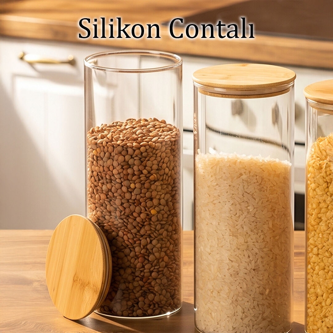 Porsima 3-3 Bambu Vakumlu Kapaklı Yuvarlak Borosilikat Cam 9lu Kavanoz Seti Saklama Kabı 1650ml 10x25cm