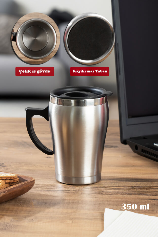 Porsima 05550 Paslanmaz Çelik Kupa Sızdırmaz Çelik Termos Araç Termosu El Termosu Yalıtımlı Bardak 350ml -Gümüş