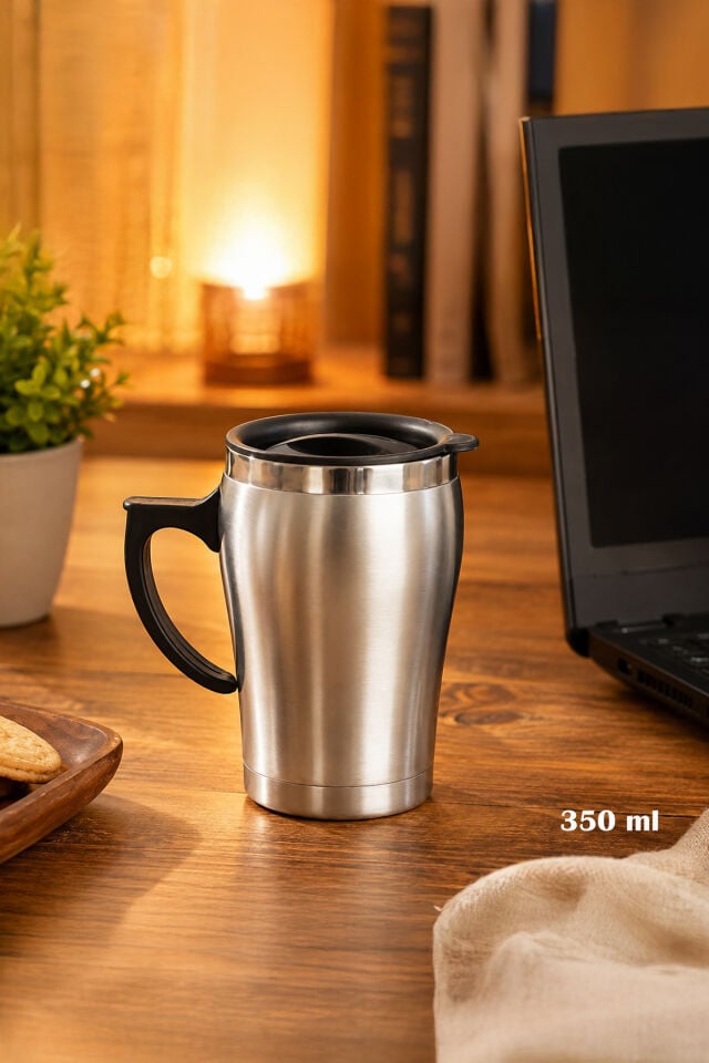 Porsima 05550 Paslanmaz Çelik Kupa Sızdırmaz Çelik Termos Araç Termosu El Termosu Yalıtımlı Bardak 350ml -Gümüş