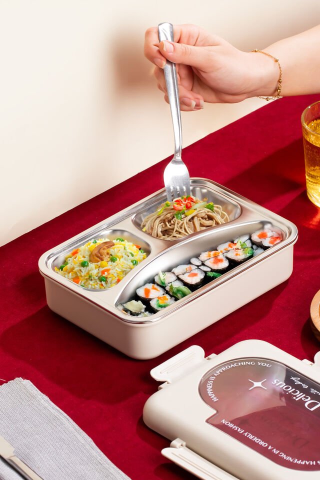 Porsima 3110 Paslanmaz Çelik 3 Bölmeli Vakumlu Yemek Termosu Beslenme Kutusu Taşınabilir Lunch Box Sefer Tası - Krem