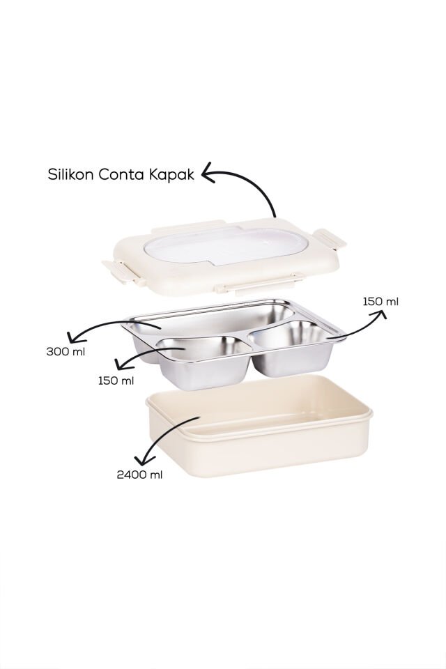 Porsima 3110 Paslanmaz Çelik 3 Bölmeli Vakumlu Yemek Termosu Beslenme Kutusu Taşınabilir Lunch Box Sefer Tası - Krem