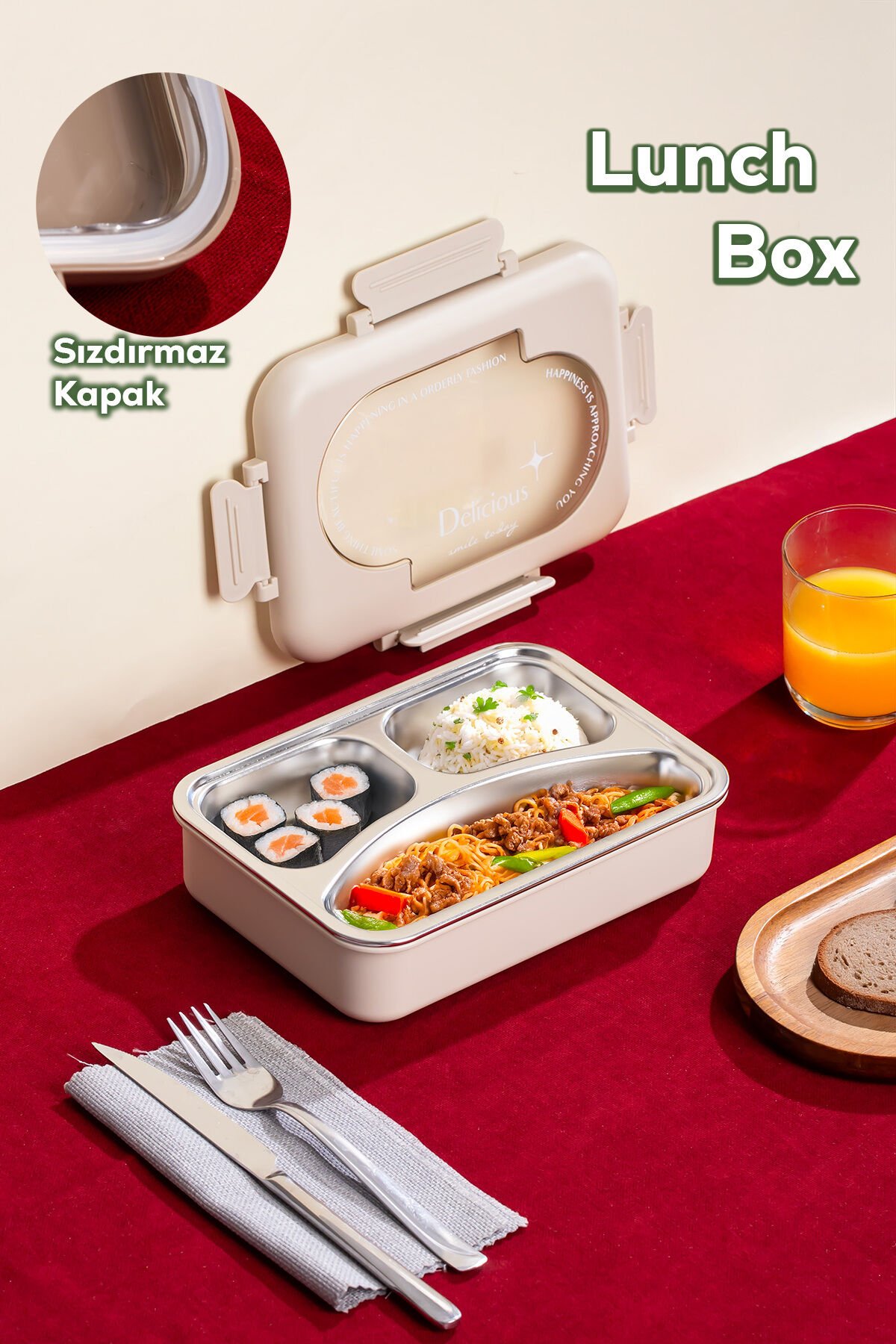 Porsima 3110 Paslanmaz Çelik 3 Bölmeli Vakumlu Yemek Termosu Beslenme Kutusu Taşınabilir Lunch Box Sefer Tası - Krem