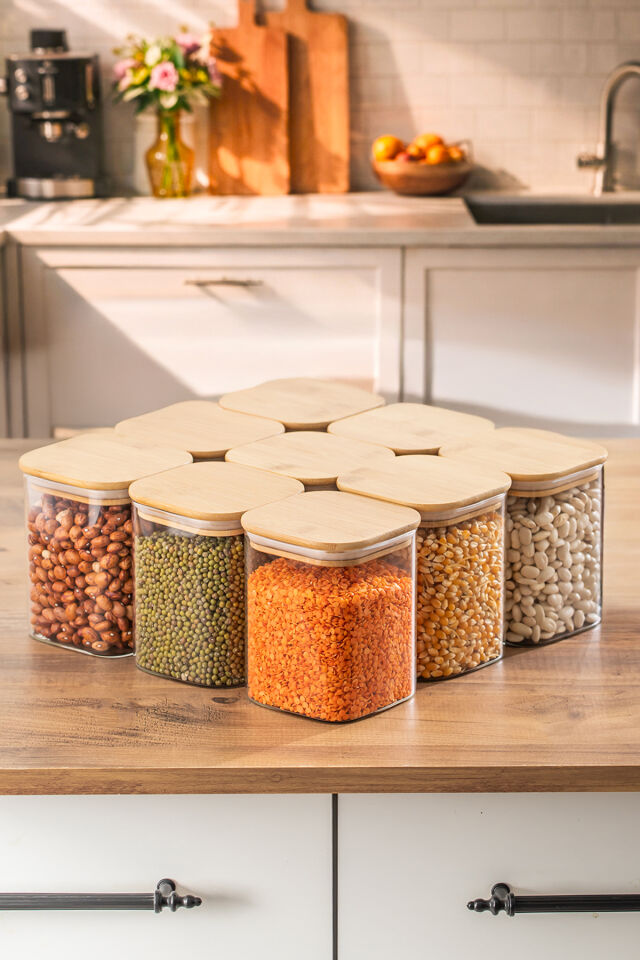 Porsima 5-3 Bambu Vakumlu Kapaklı Kare Borsilikat Cam 9lu Kavanoz Seti Saklama Kabı 750ml 7,5x15cm