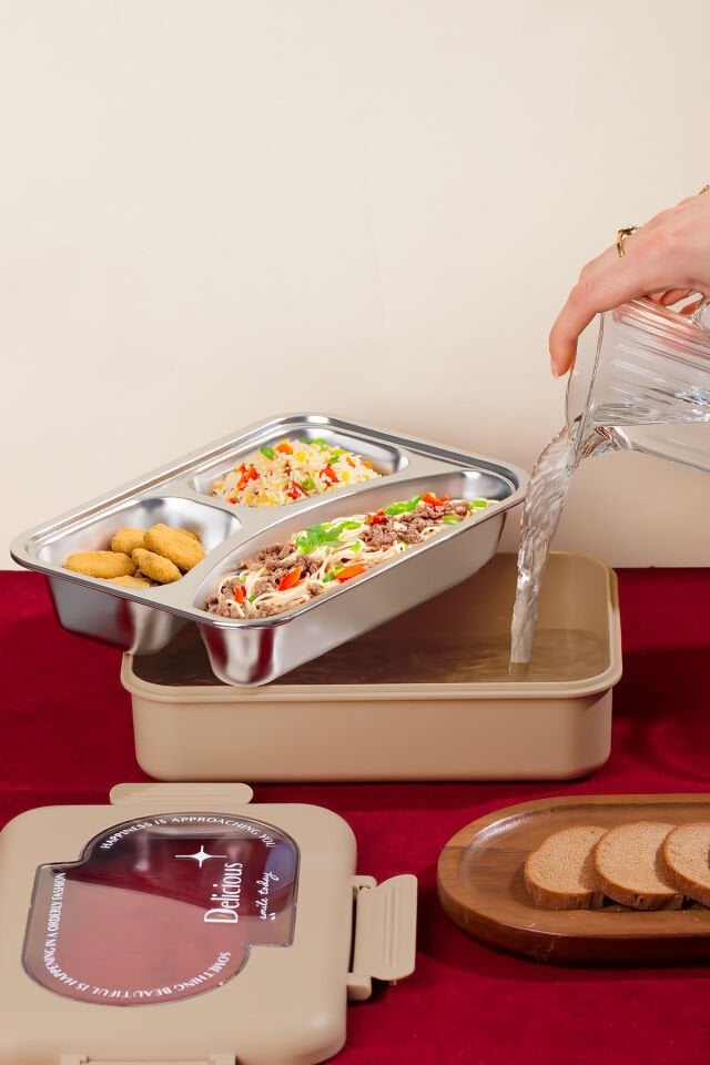 Porsima 3010-1 Paslanmaz Çelik 3 Bölmeli Vakumlu Yemek Termosu Beslenme Kutusu Taşınabilir Lunch Box Sefer Tası - Kahve