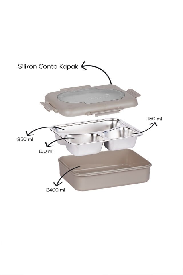Porsima 3010-1 Paslanmaz Çelik 3 Bölmeli Vakumlu Yemek Termosu Beslenme Kutusu Taşınabilir Lunch Box Sefer Tası - Kahve