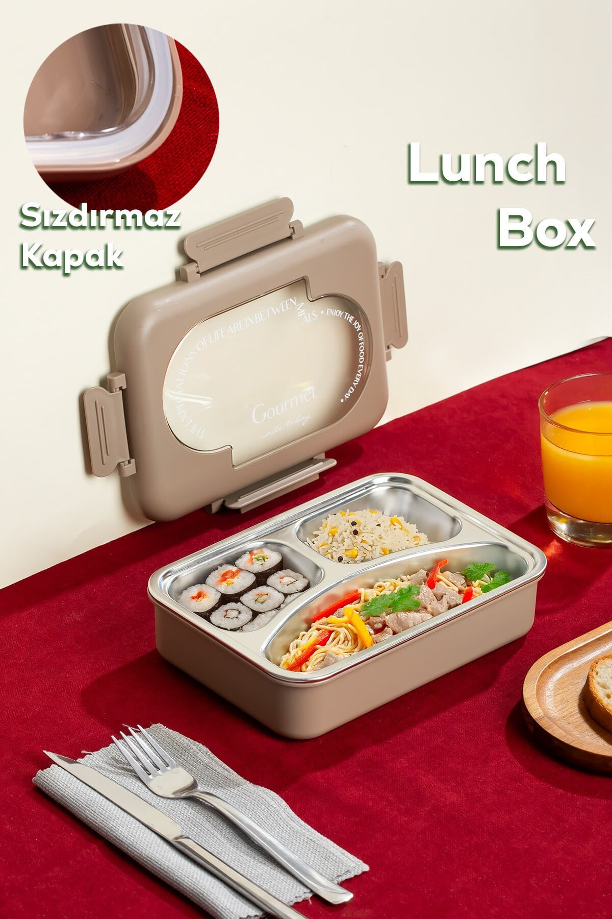 Porsima 3010-1 Paslanmaz Çelik 3 Bölmeli Vakumlu Yemek Termosu Beslenme Kutusu Taşınabilir Lunch Box Sefer Tası - Kahve