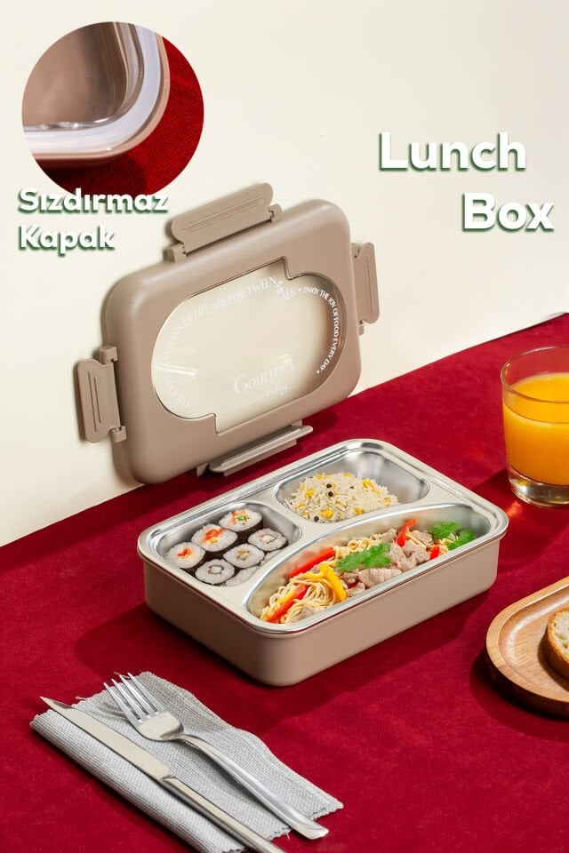 Porsima 3010-1 Paslanmaz Çelik 3 Bölmeli Vakumlu Yemek Termosu Beslenme Kutusu Taşınabilir Lunch Box Sefer Tası - Kahve