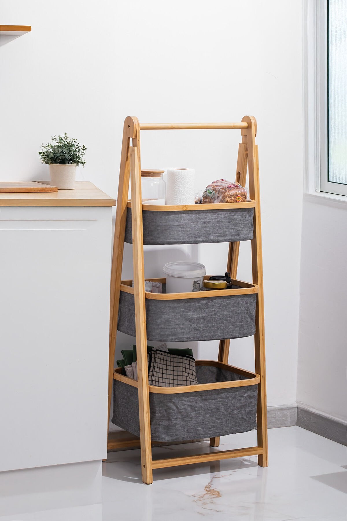 Porsima 2085 3 Katlı Çekmeceli Dolap Ahşap Bambu Ayaklı Organizer Oyuncak Sepeti Banyo Mutfak Düzenleyicisi