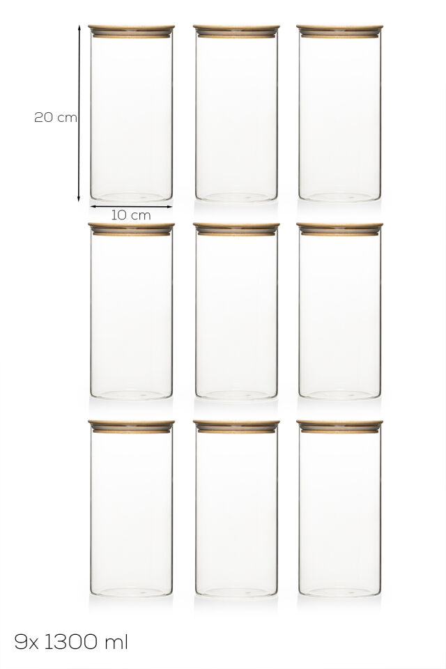Porsima 2-3 Bambu Vakumlu Kapaklı Yuvarlak Borosilikat Cam 9lu Kavanoz Seti Saklama Kabı 1300ml 10x20cm