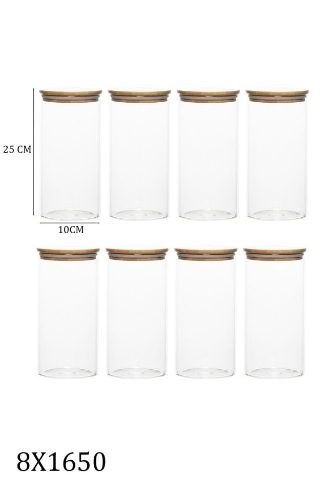 Porsima 3-4 Bambu Vakumlu Kapaklı Yuvarlak Borosilikat Cam 8li Kavanoz Seti Saklama Kabı 1650ml 10x25cm
