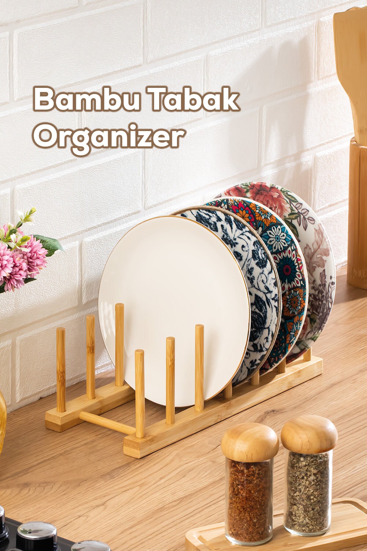 Porsima 2077 Mutfak Organizeri Ahşap Mutfak Düzenleyici Ahşap Tabaklık Ahşap Bardaklık Tabak Standı Ahşap 29x12cm
