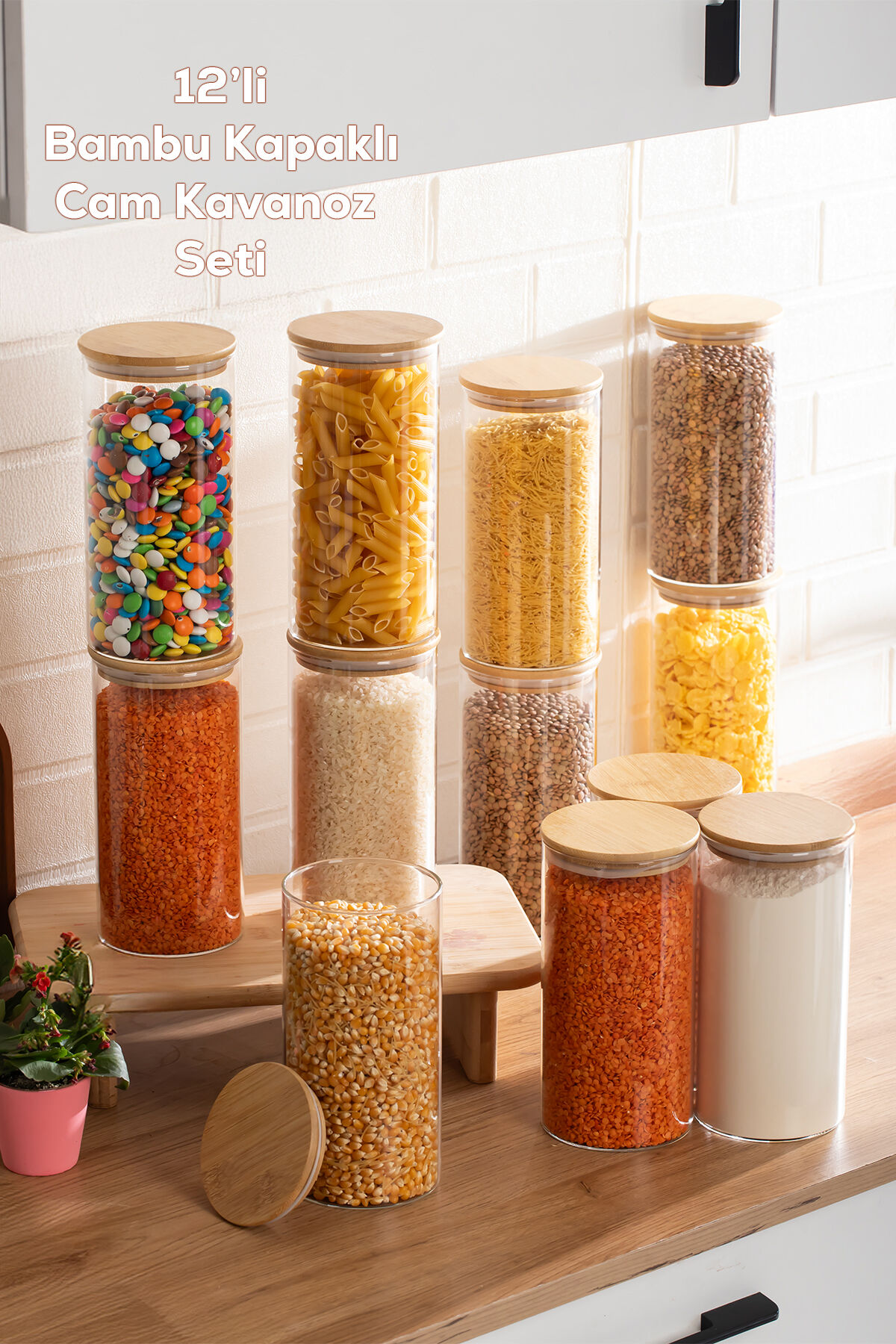 Porsima 3-4 Bambu Vakumlu Kapaklı Yuvarlak Borosilikat Cam 12li Kavanoz Seti Saklama Kabı 1650ml 10x25cm