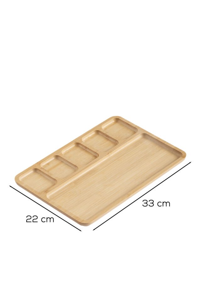 Porsima 2075 Ahşap Bambu Kahvaltı Sunum Tabağı 6 Bölmeli Kahvaltılık Çerezlik 33x22cm