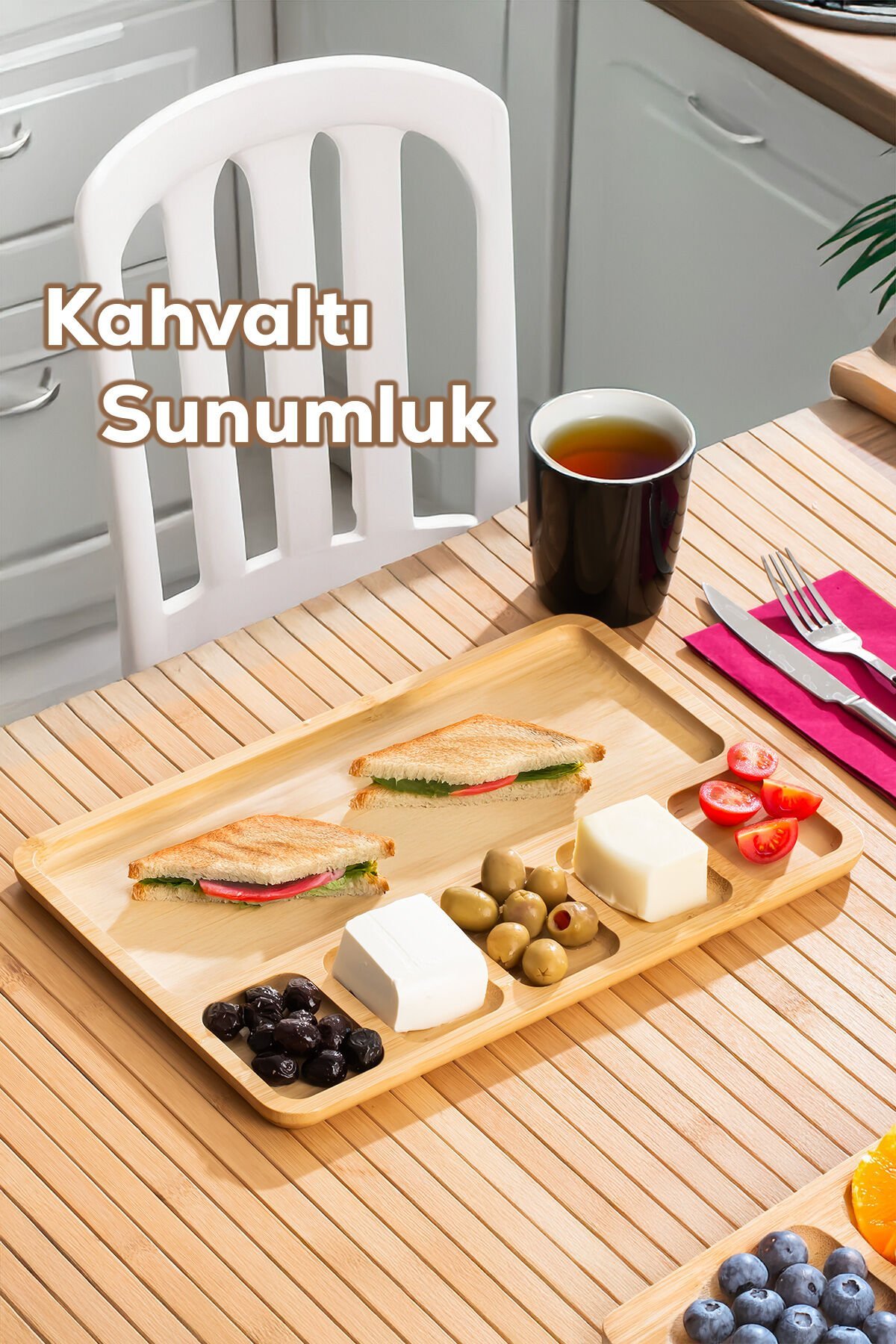 Porsima 2075 Ahşap Bambu Kahvaltı Sunum Tabağı 6 Bölmeli Kahvaltılık Çerezlik 33x22cm
