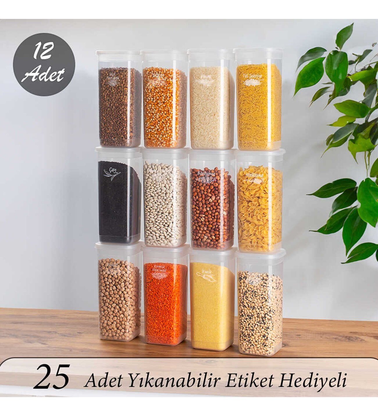 Porsima 432 12 li Etiketli Kare Un Erzak Bakliyat Saklama Kabı Takımı 1.90 lt - Şeffaf