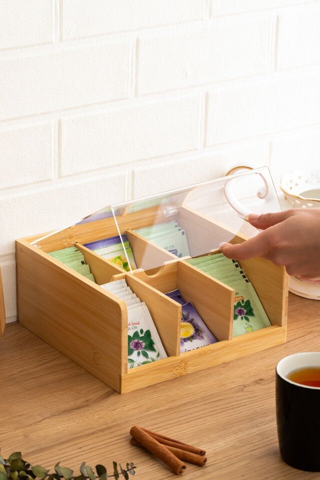 Porsima Home 005 Ahşap Bambu 6 Bölmeli Organizer Poşet Çay Kutusu Sallama Çay Kutusu