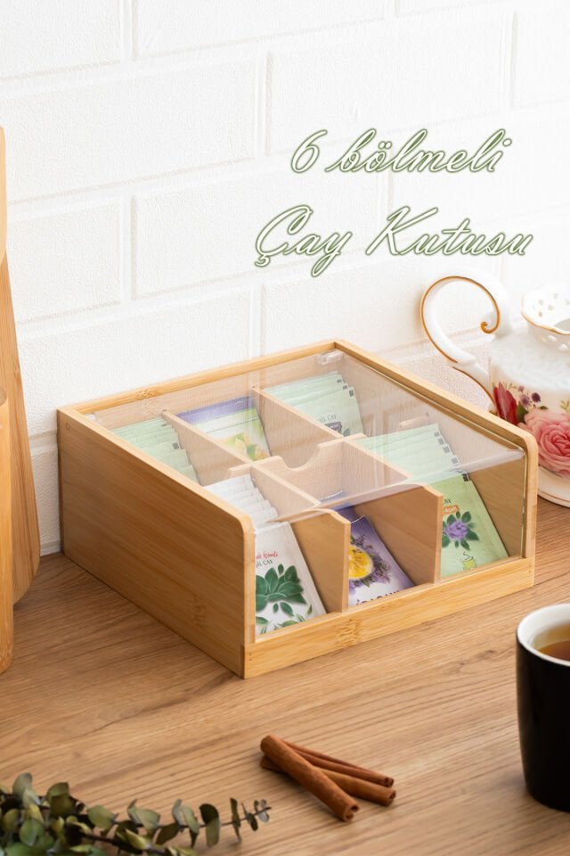 Porsima Home 005 Ahşap Bambu 6 Bölmeli Organizer Poşet Çay Kutusu Sallama Çay Kutusu