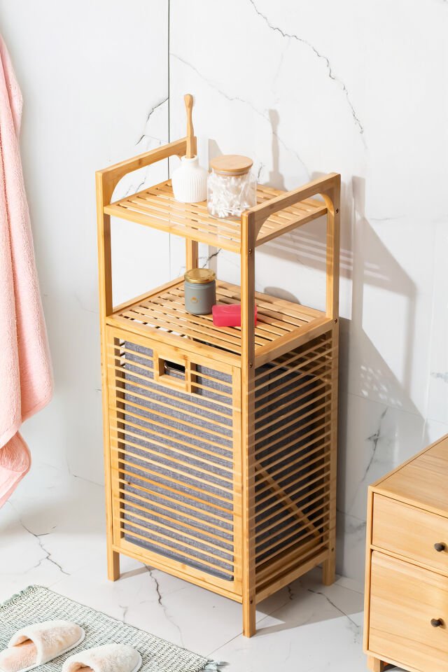 Porsima 2063 Ahşap Bambu Kirli Sepetli 2 Raflı Çok Amaçlı Banyo Düzenleyici Organizer Banyo Dolabı Kirli Çamaşır Sepeti Organizeri