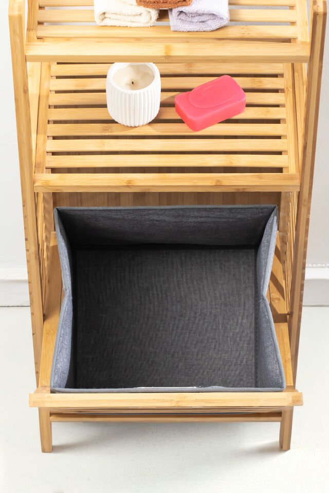 Porsima 2063 Ahşap Bambu Kirli Sepetli 2 Raflı Çok Amaçlı Banyo Düzenleyici Organizer Banyo Dolabı Kirli Çamaşır Sepeti Organizeri