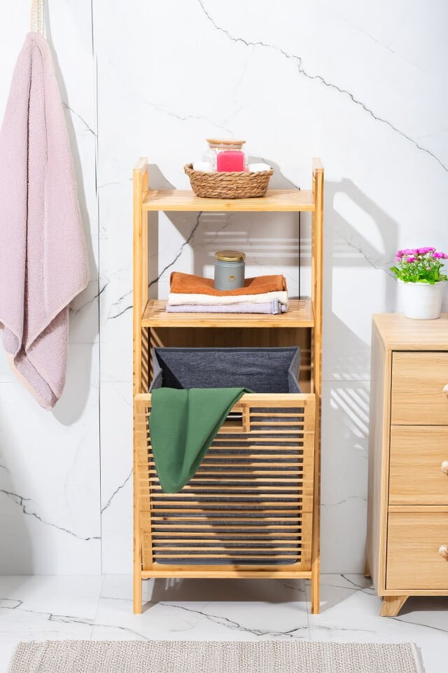 Porsima 2063 Ahşap Bambu Kirli Sepetli 2 Raflı Çok Amaçlı Banyo Düzenleyici Organizer Banyo Dolabı Kirli Çamaşır Sepeti Organizeri