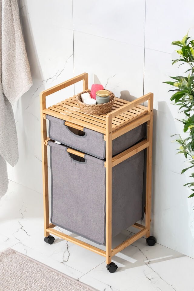 Porsima 2064 Tekerlekli Ahşap Bambu Kirli Sepetli 2 Raflı Çok Amaçlı Banyo Düzenleyici Organizer Banyo Dolabı Kirli Çamaşır Sepeti Organizeri