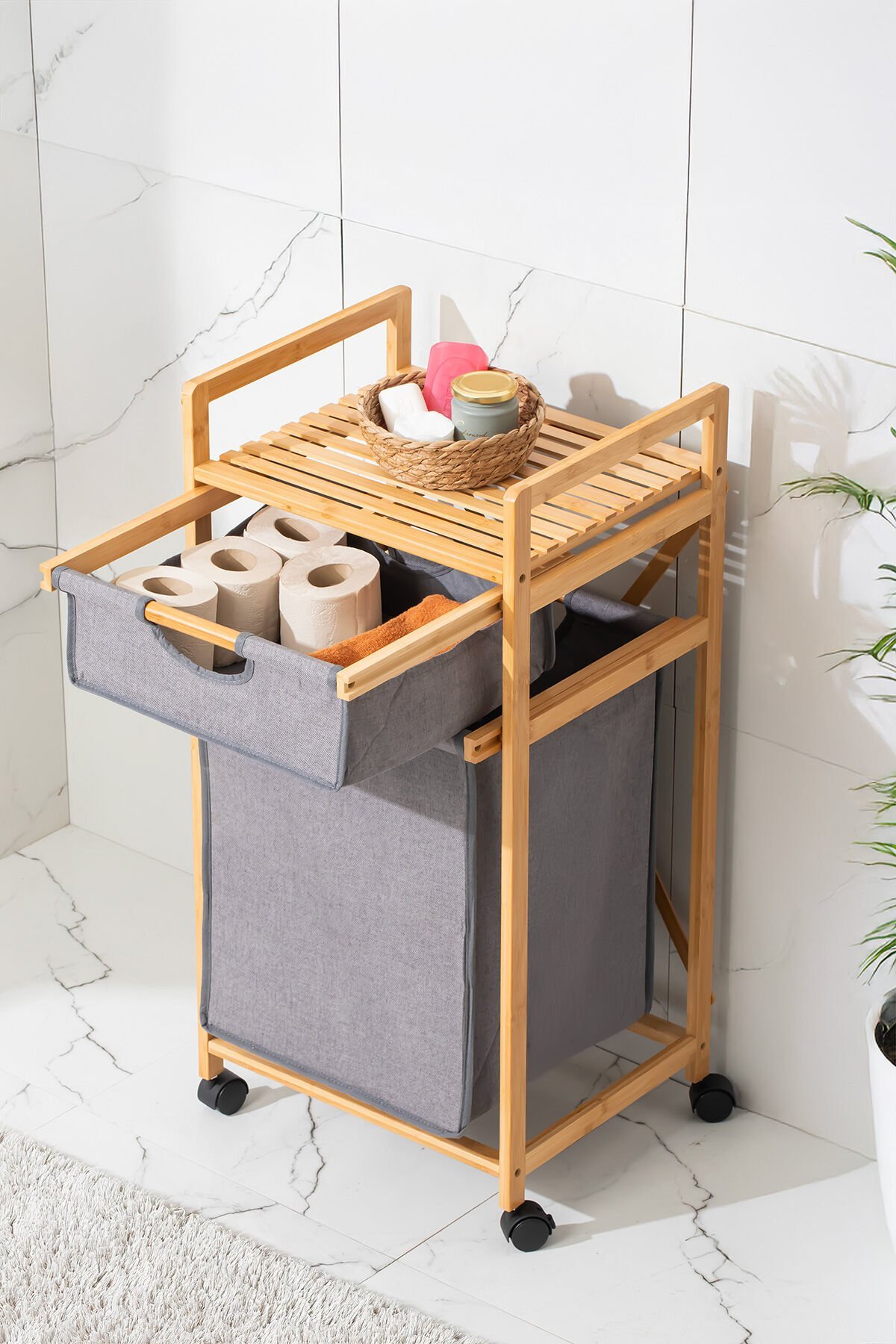 Porsima 2064 Tekerlekli Ahşap Bambu Kirli Sepetli 2 Raflı Çok Amaçlı Banyo Düzenleyici Organizer Banyo Dolabı Kirli Çamaşır Sepeti Organizeri