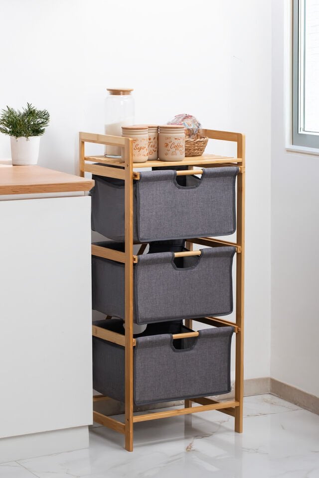 Porsima 2059 3 Katlı Çok Amaçlı Çekmeceli Organizer Dolap Ahşap Bambu Ayaklı 3 Hazneli Düzenleyici Kumaş Askılı Organizer Oyuncak Sepeti Banyo Mutfak Düzenleyicisi